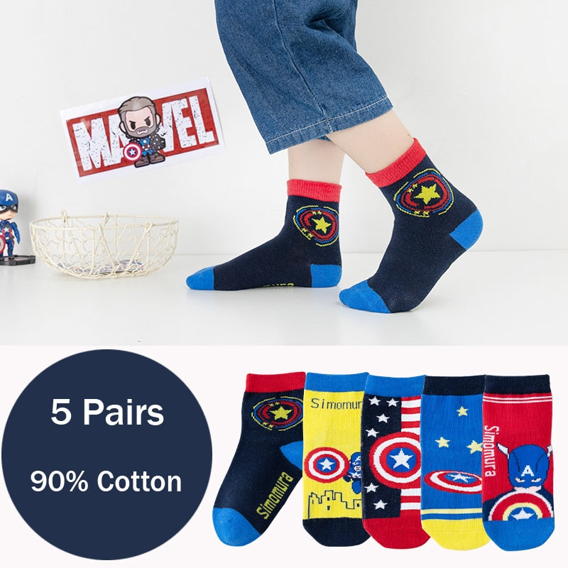 5 Pairs Spiderman Iron Man Hulk Thor Anime Marvel Children's Socks