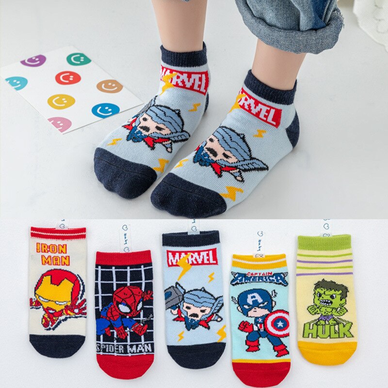 5 Pairs Spiderman Iron Man Hulk Thor Anime Marvel Children's Socks