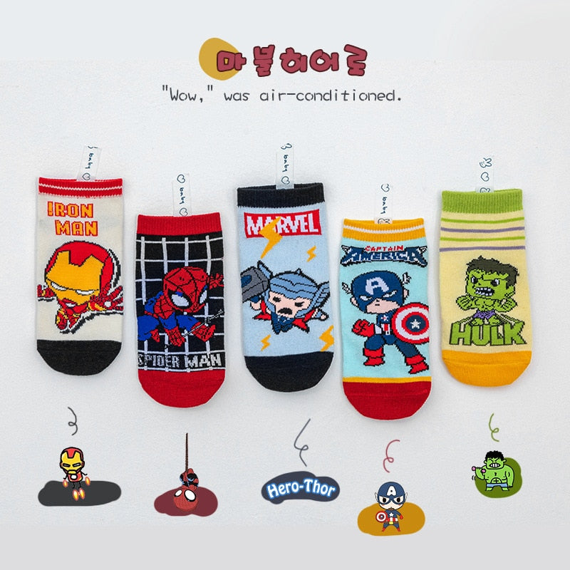 5 Pairs Spiderman Iron Man Hulk Thor Anime Marvel Children's Socks