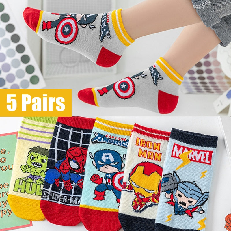 5 Pairs Spiderman Iron Man Hulk Thor Anime Marvel Children's Socks